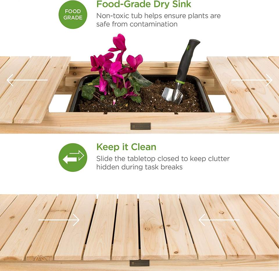Outdoor Mobile Garden Potting Bench, Wood Workstation Table w/Sliding Tabletop, Food Grade Dry Sink, Storage Shelves - Natural