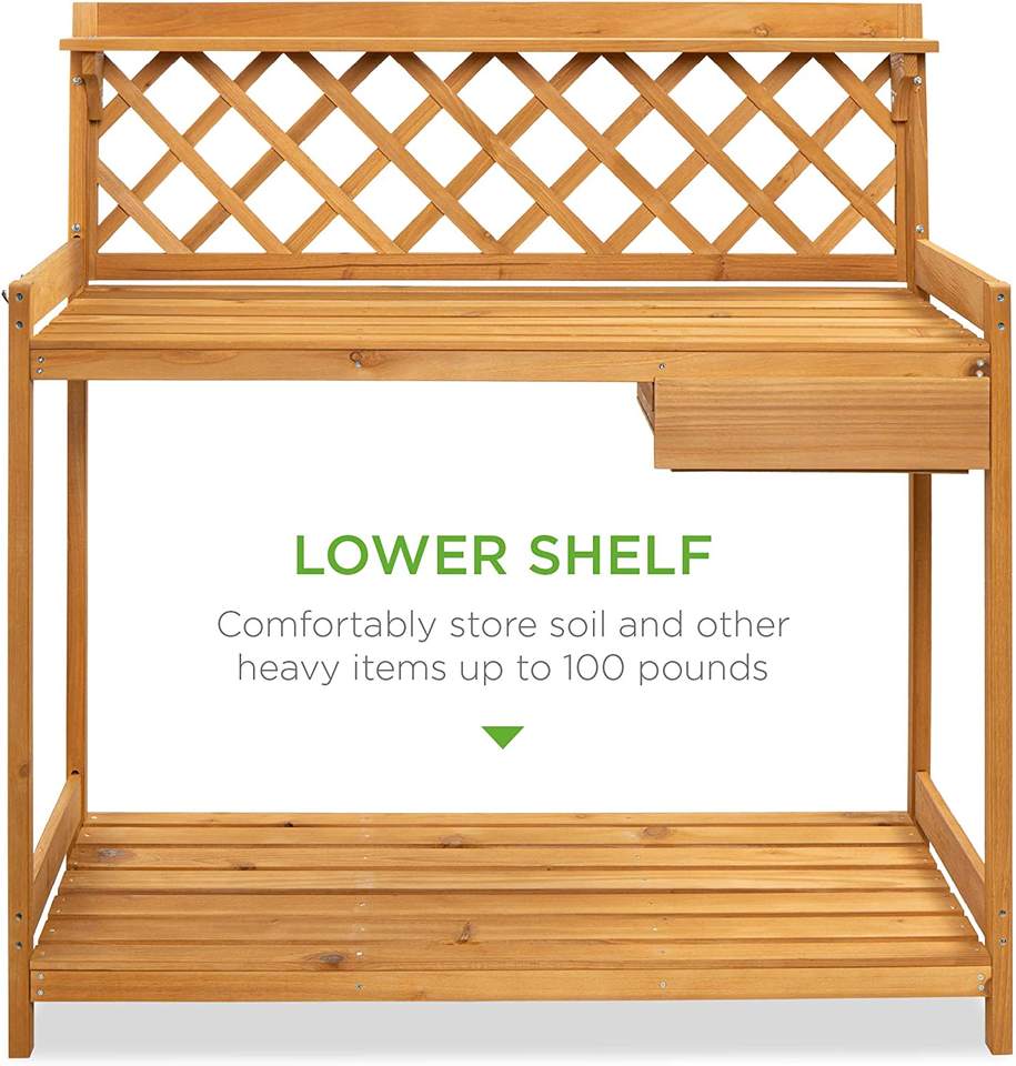 Outdoor Garden Potting Bench Wooden Workstation Table w/Cabinet Drawer Open Shelf, Lower Storage, Lattice Back