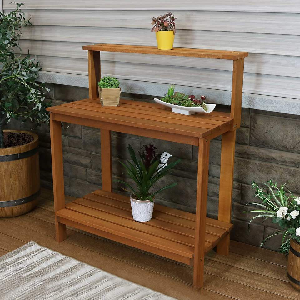 Wooden Outdoor Potted Bench Terrace Garden Station Table Potting Table Wooden Garden Bench For Porches Greenhouses Backyards