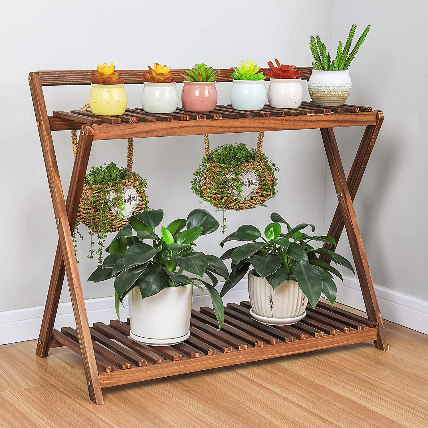 Indoor Plant Stand for Multiple Plants 2 Tier Wood Corner Plant Shelf Rack with Planter Hanger Outdoor Flower Pot Stand Holder for Yard Patio Garden Balcony Porch Living Room ( Rustic X-Cross)