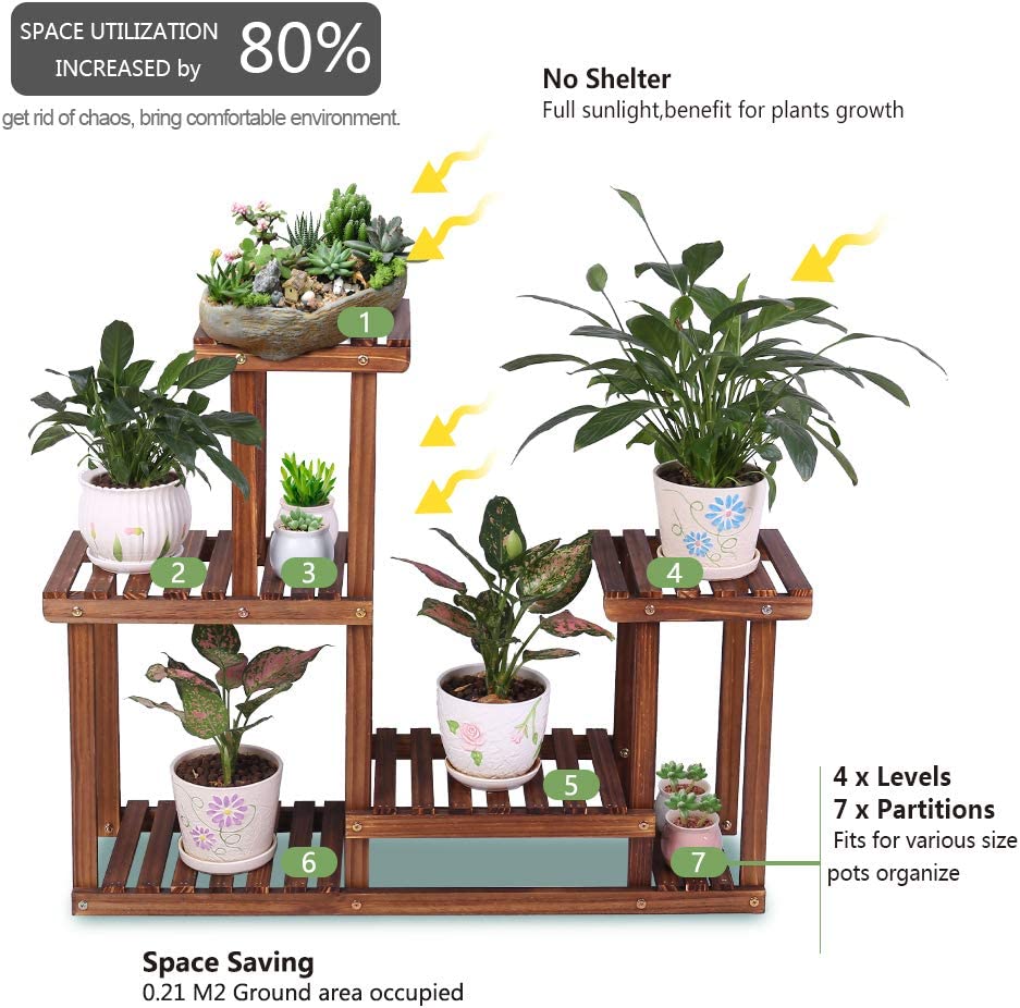 COOGOU Pine Wood Plant Stand Indoor Outdoor Multi Layer Flower Shelf Rack Higher and Lower Plant Holder in Garden Balcony Patio Living Room (4 Tiers )