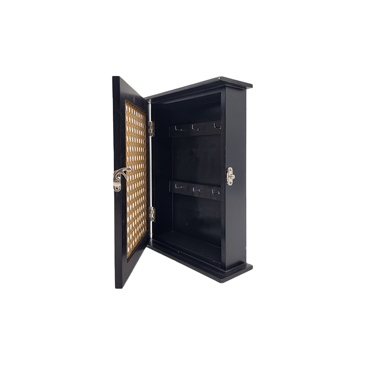 Black Wood Key Box with Rattan