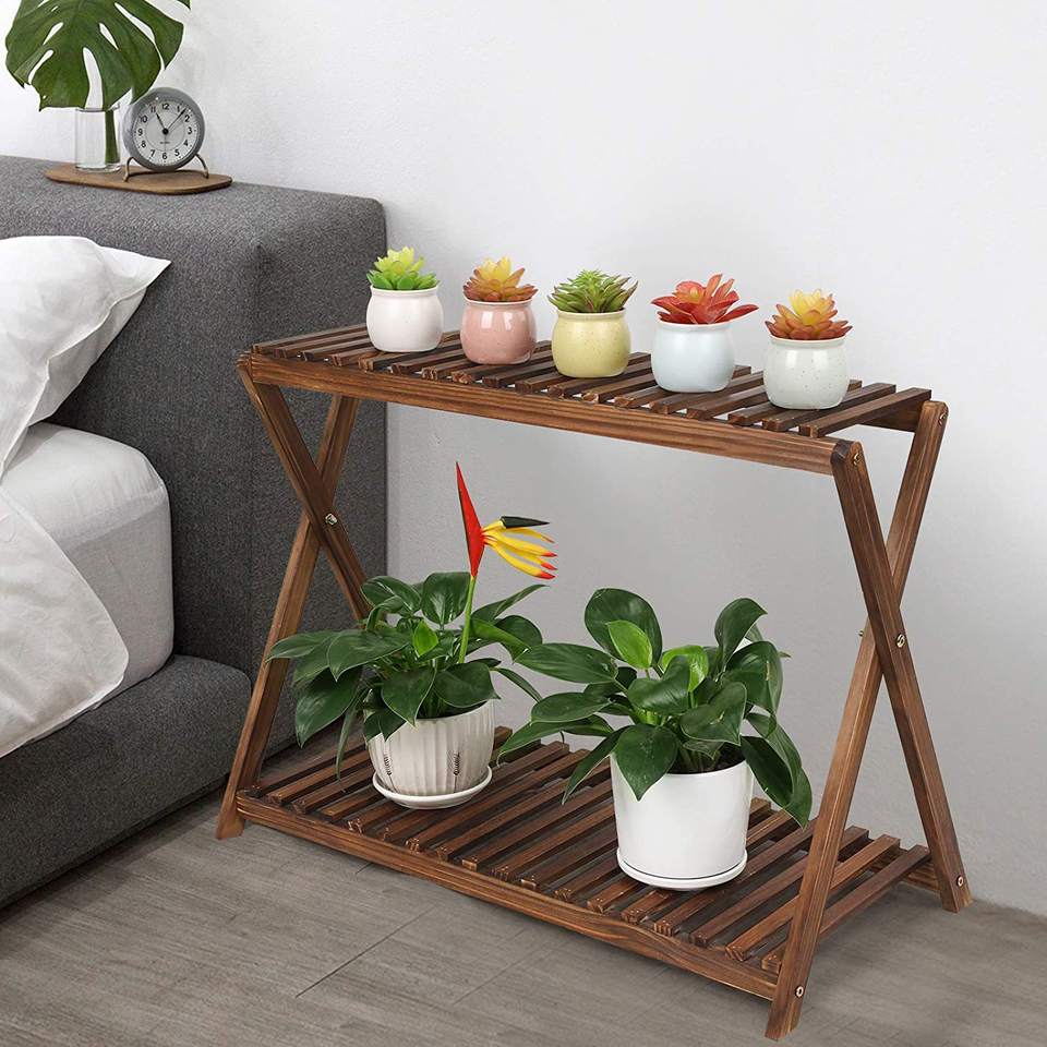 Wood Plant Stand Indoor Outdoor 2 Tiers Flower Stand Corner Stepped Planter Shelf Rack Flowerpot Holder for Plant Display in Pat