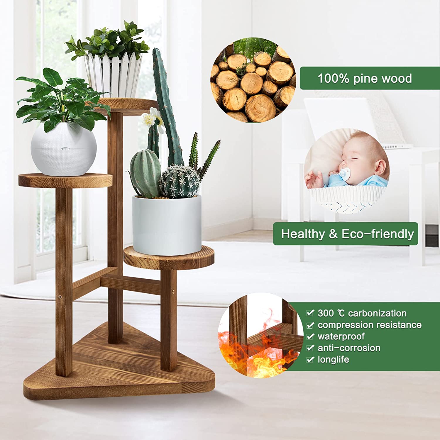 3 Tier Plant Stand, Tall Wood Plant Shelf Holder for Indoor Plants, Outdoor Garden Plant Display Rack Flower Pot Stand for Corner Living Room Balcony Garden Patio, Nature,V3( No Wheels）