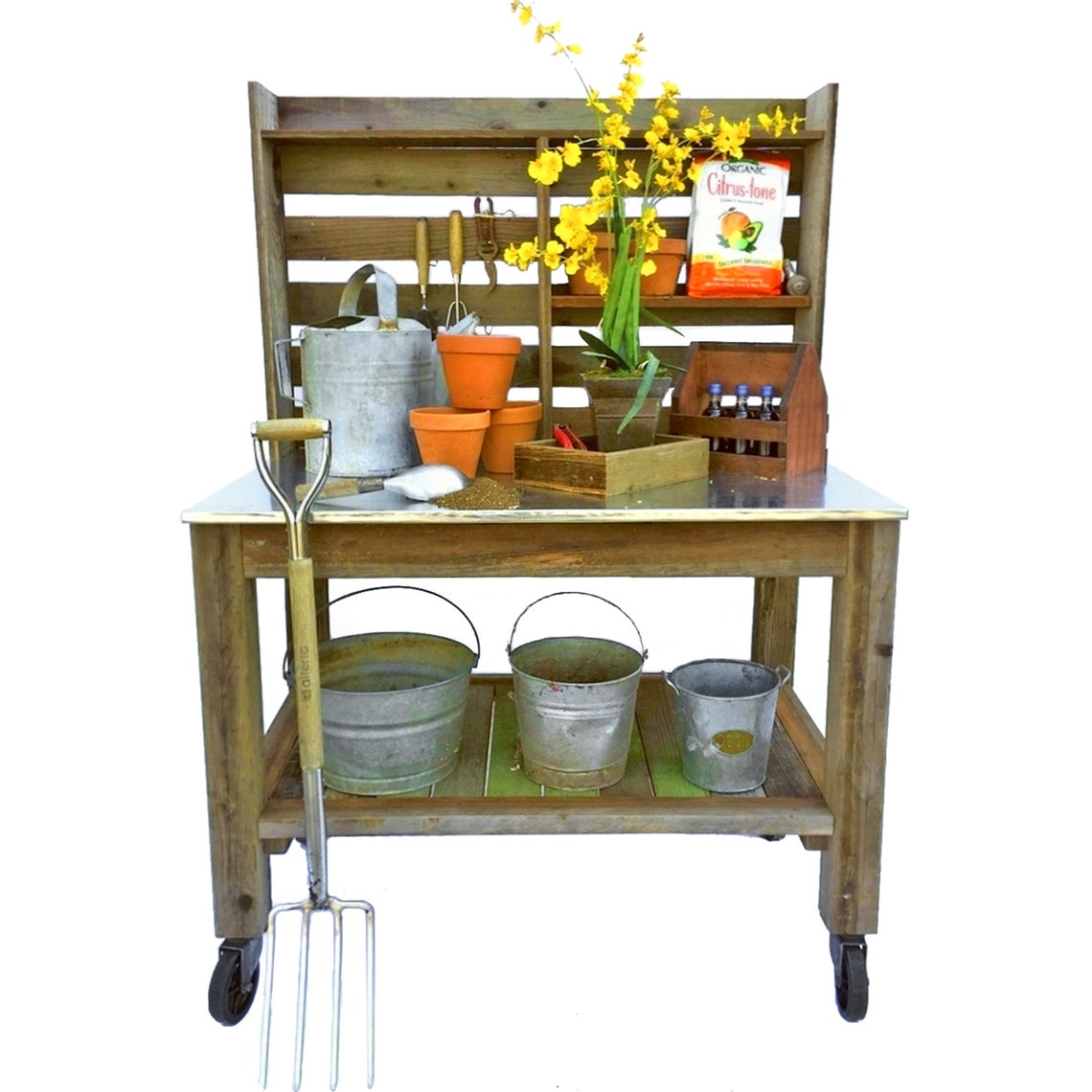 Potting Table Work Station Buffet Island Cart With Storage Outdoor Garden Furniture Hand-Made Redwood Zinc Top Cast Iron Swivel Wheels