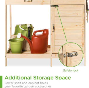 Outdoor Garden Wooden Potting Bench Work Station w/Metal Table Top, Cabinet, Sliding Drawer, and Large Bottom Shelf, Natural