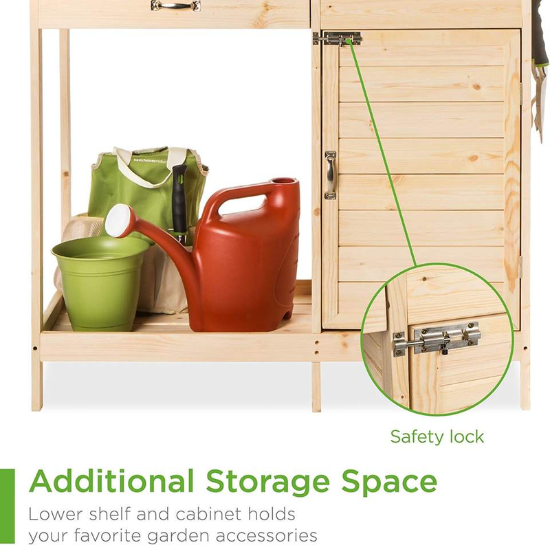 Outdoor Garden Wooden Potting Bench Work Station w/Metal Table Top, Cabinet, Sliding Drawer, and Large Bottom Shelf, Natural