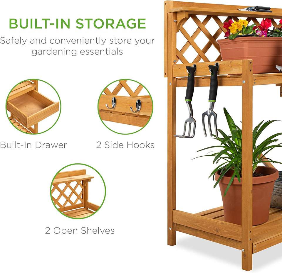 Outdoor Garden Potting Bench Wooden Workstation Table w/Cabinet Drawer Open Shelf, Lower Storage, Lattice Back