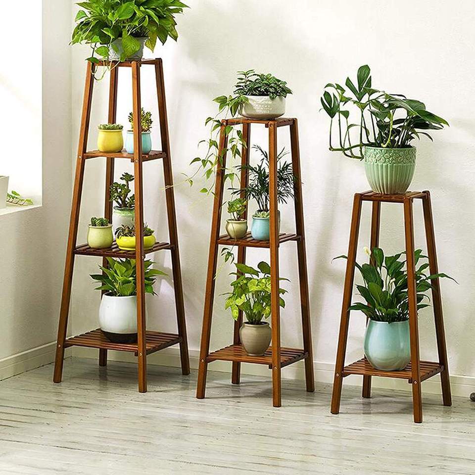 Bamboo Tall Plant Stand Pot Holder Small Space Flower Shelf Rack Display Table (2-Tier)