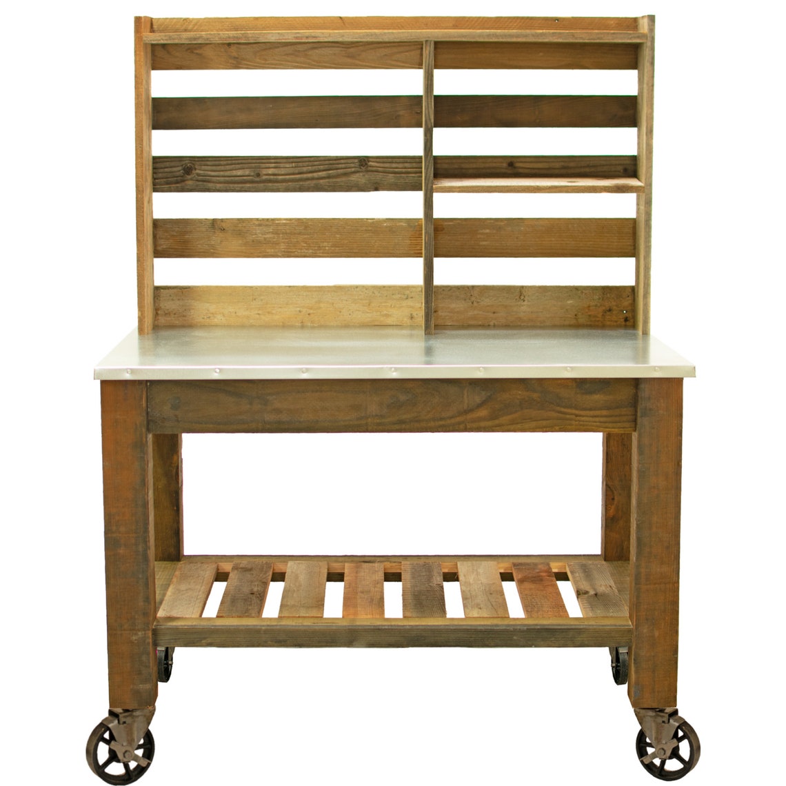 Potting Table Work Station Buffet Island Cart With Storage Outdoor Garden Furniture Hand-Made Redwood Zinc Top Cast Iron Swivel Wheels