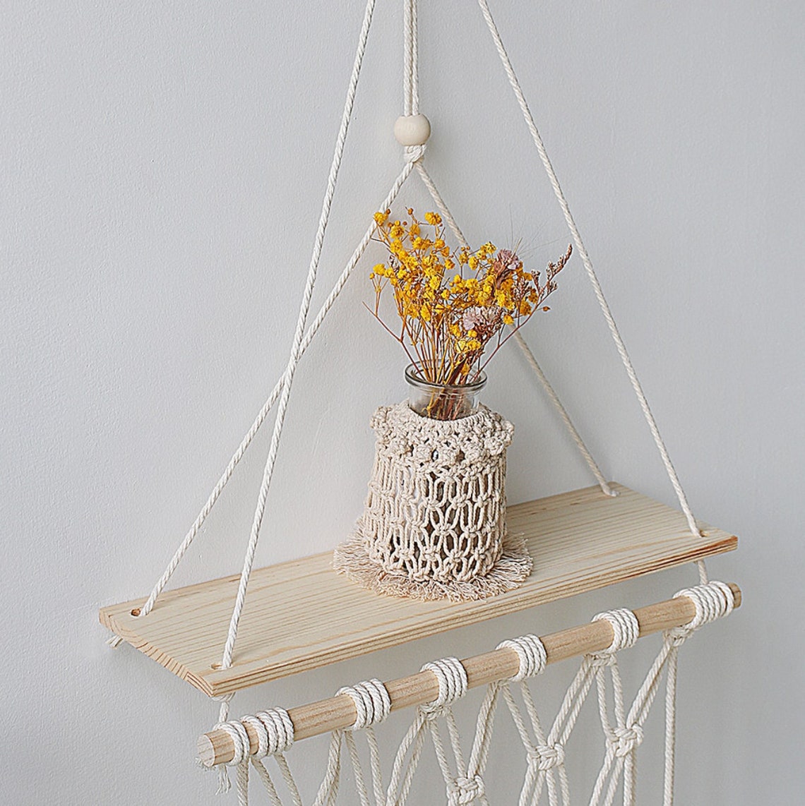 Boho macrame hanging shelf, Floating Boho Wall Shelf, Bathroom Shelf, Macrame Plant Shelf, Hanging Shelf Hang from Wall Boho Shelf