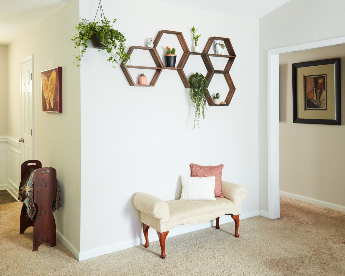 Hexagon Shelves, floating shelf, Honeycomb Shelf, crystal shelf, wood hexagon, plant shelf, rustic display shelves, crystal display shelf