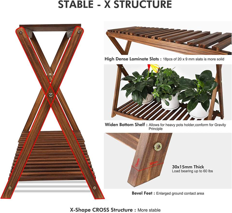 Wood Plant Stand Indoor Outdoor 2 Tiers Flower Stand Corner Stepped Planter Shelf Rack Flowerpot Holder for Plant Display in Pat