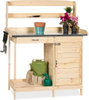 Outdoor Garden Wooden Potting Bench Work Station w/Metal Table Top, Cabinet, Sliding Drawer, and Large Bottom Shelf, Natural