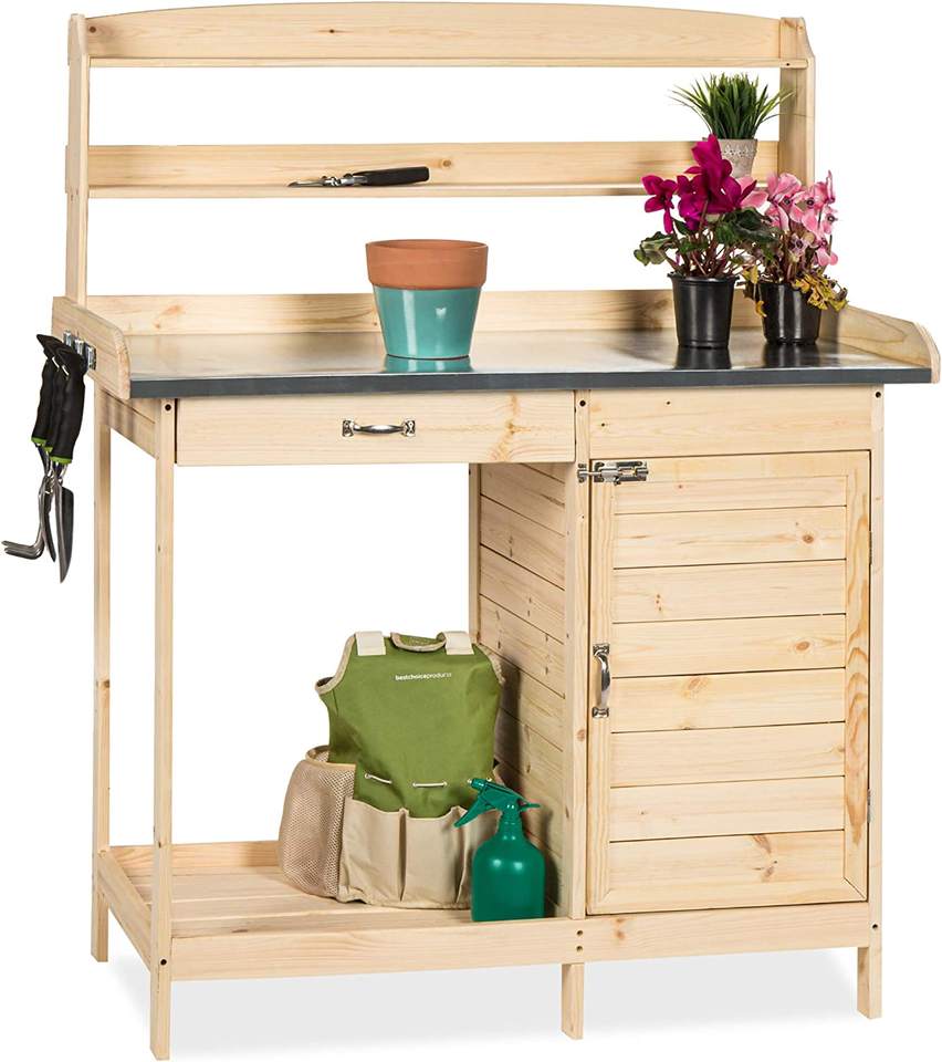 Outdoor Garden Wooden Potting Bench Work Station w/Metal Table Top, Cabinet, Sliding Drawer, and Large Bottom Shelf, Natural