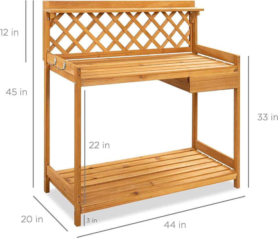 Outdoor Garden Potting Bench Wooden Workstation Table w/Cabinet Drawer Open Shelf, Lower Storage, Lattice Back