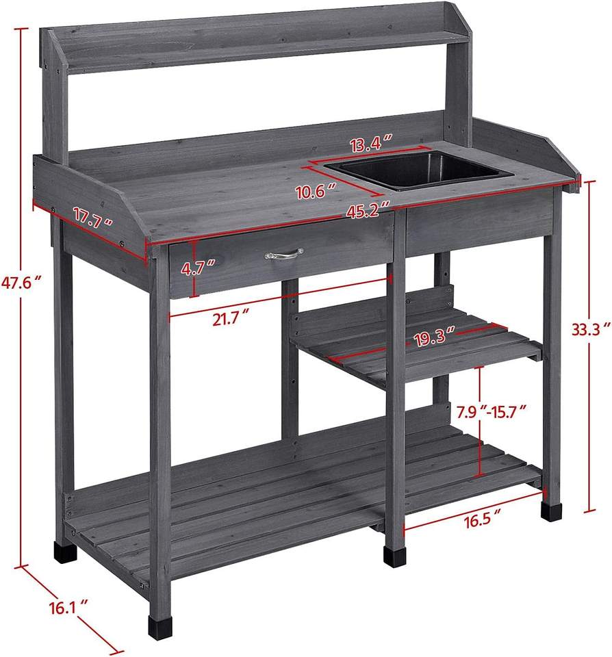 Potting Benches Tables Garden Potters Work Bench Station Planting Bench Solid Wood Outdoor Gray 45.2 x 17.7 x 47.6inch