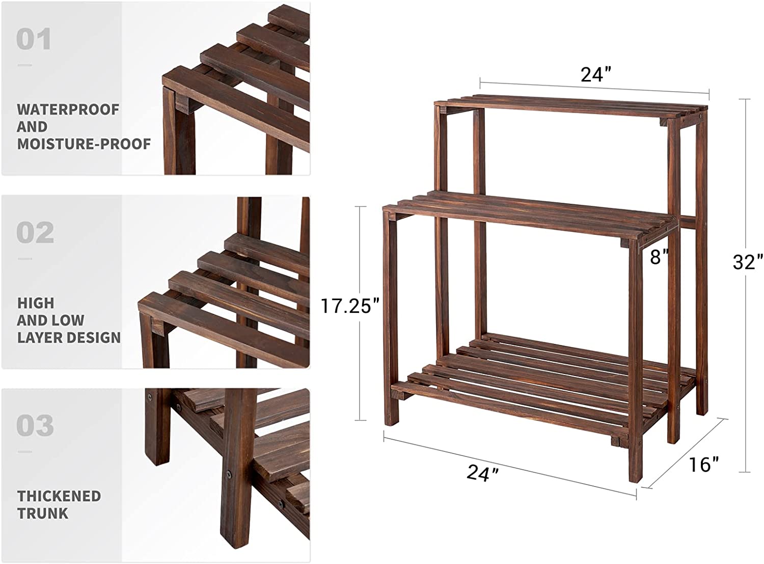 Wood Plant Stand 3 Tier Plant Shelf Indoor Outdoor Flower Pot Display Shelf Rack Garden Potting Bench Multiple Ladder Stand Planter Holder for Home Patio Lawn Living Room Corner Balcony