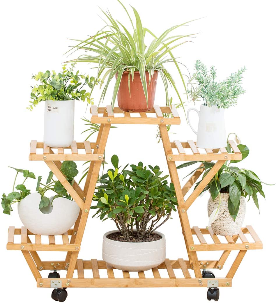 Bamboo Rolling 6 Tier Plant Stand Rack Multiple Flower Pot Holder Shelf Indoor Outdoor Planter Display Shelving