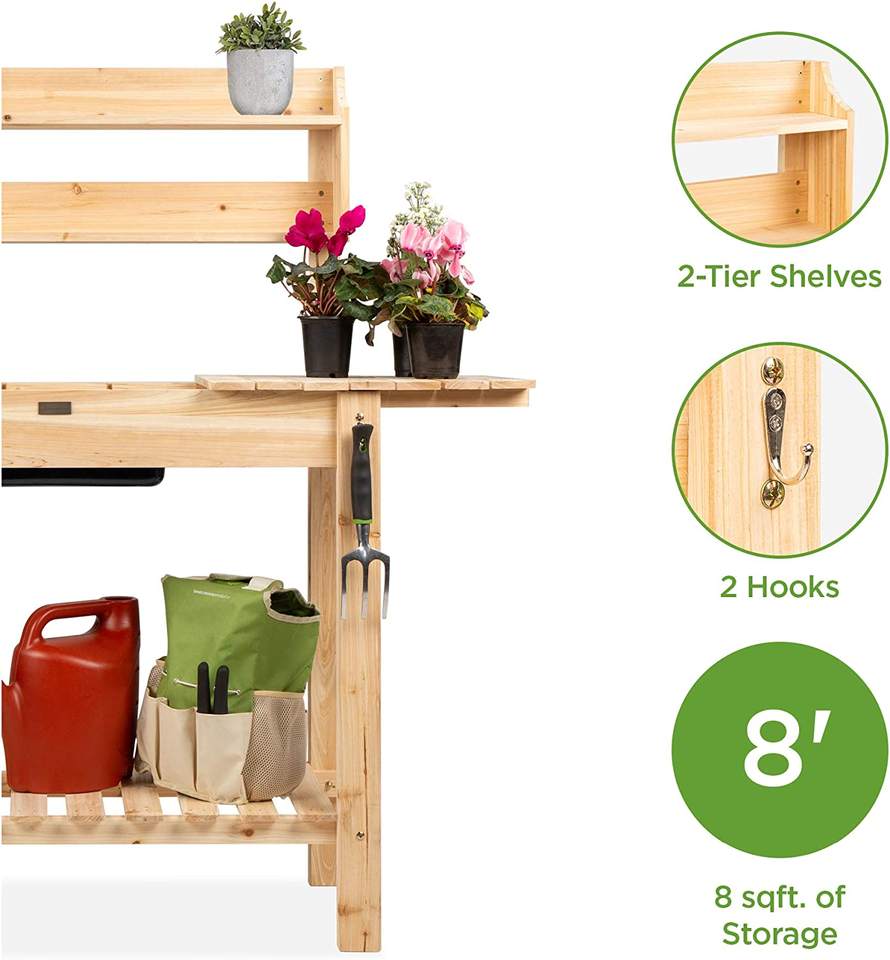 Outdoor Mobile Garden Potting Bench, Wood Workstation Table w/Sliding Tabletop, Food Grade Dry Sink, Storage Shelves - Natural