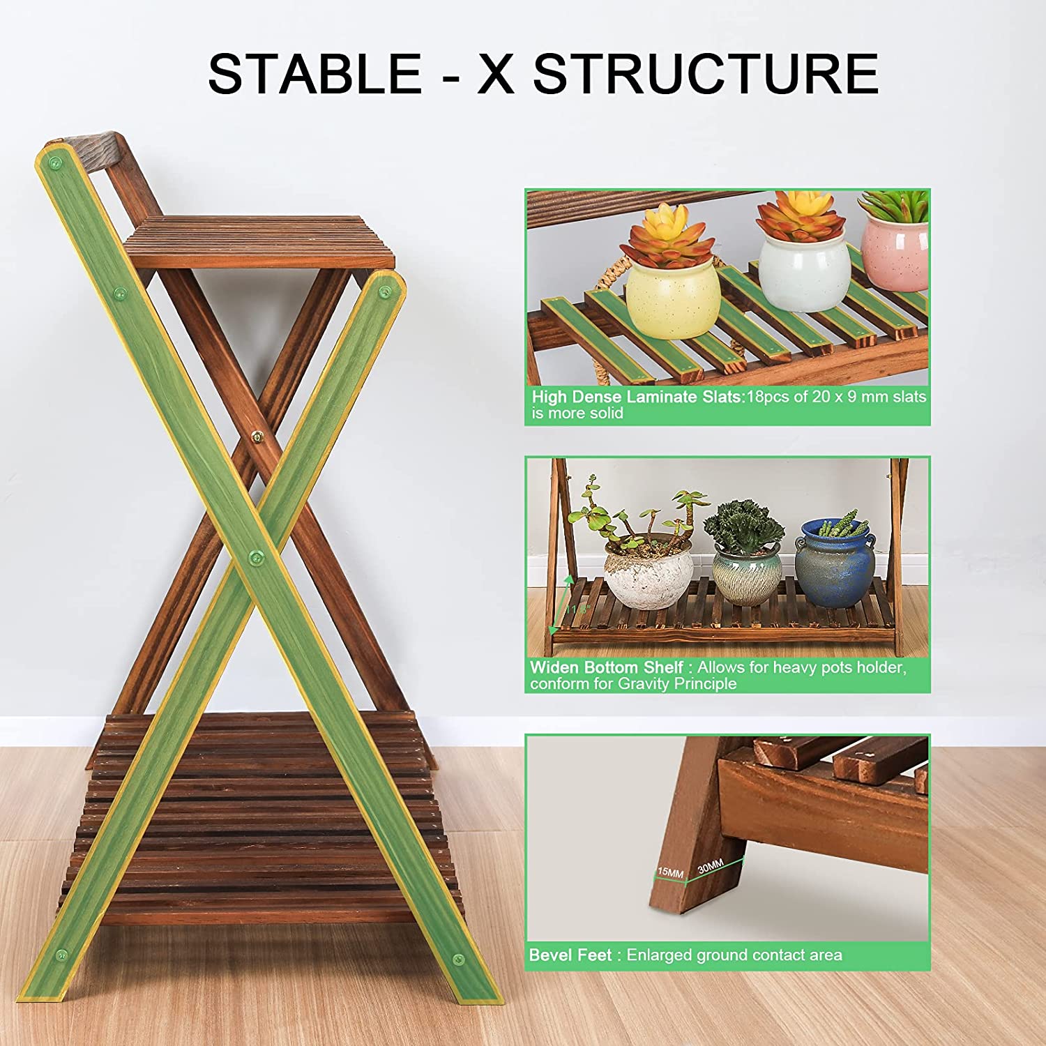 Indoor Plant Stand for Multiple Plants 2 Tier Wood Corner Plant Shelf Rack with Planter Hanger Outdoor Flower Pot Stand Holder for Yard Patio Garden Balcony Porch Living Room ( Rustic X-Cross)