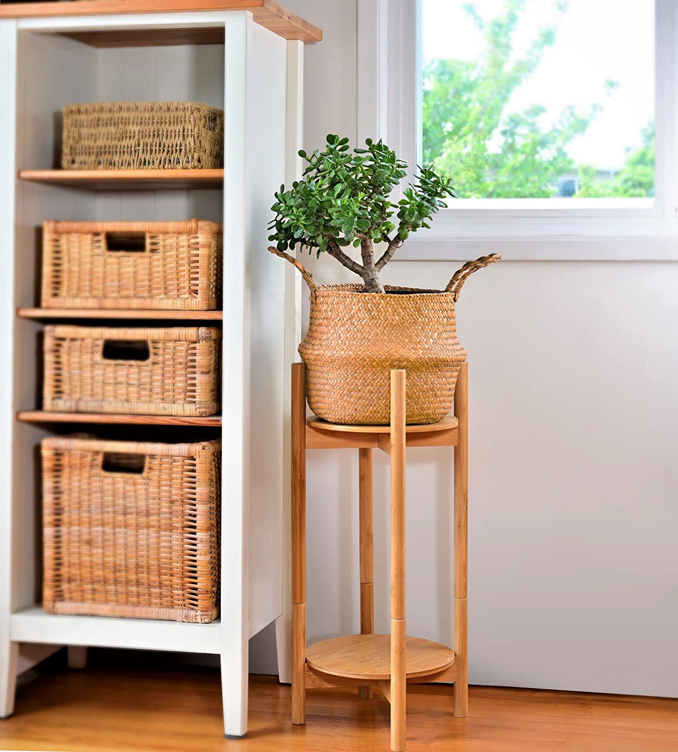 Tall Bamboo Wood Plant Stand for Indoor Flower Holder Set (24-Inch High) for Planter Pots and Vases Short-Tall 