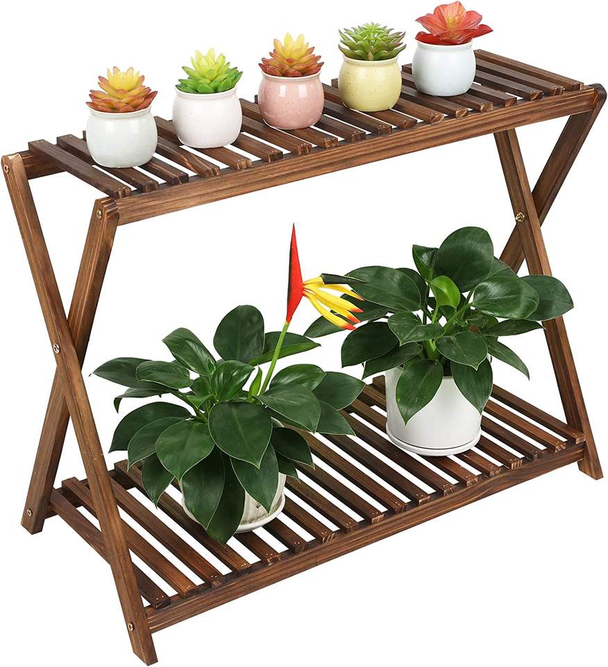 Wood Plant Stand Indoor Outdoor 2 Tiers Flower Stand Corner Stepped Planter Shelf Rack Flowerpot Holder for Plant Display in Pat
