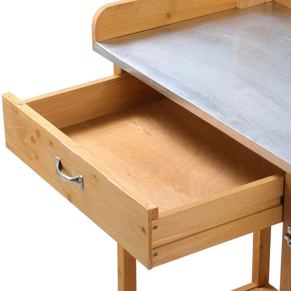 Outdoor Garden Potting Bench Table Work Bench Metal Tabletop W/Cabinet Drawer Open Shelf Natural Wood