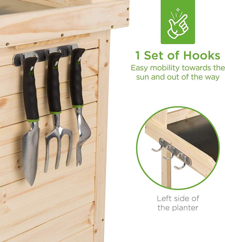 Outdoor Garden Wooden Potting Bench Work Station w/Metal Table Top, Cabinet, Sliding Drawer, and Large Bottom Shelf, Natural