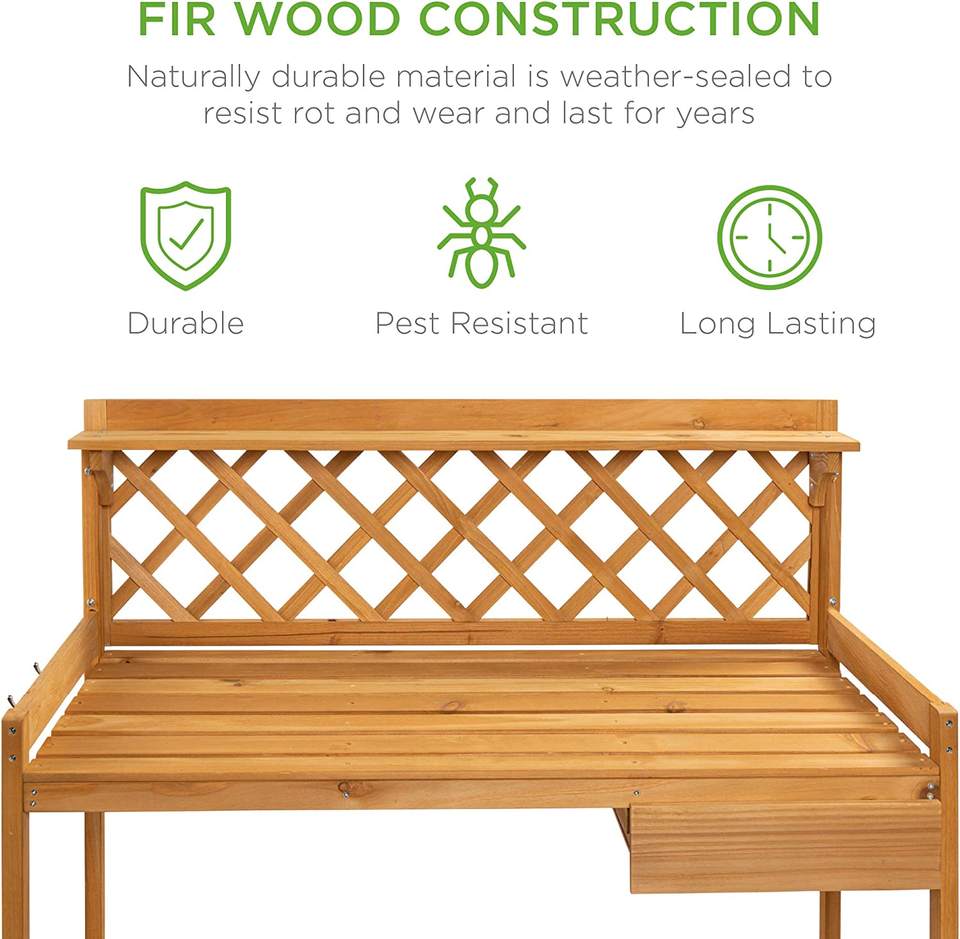 Outdoor Garden Potting Bench Wooden Workstation Table w/Cabinet Drawer Open Shelf, Lower Storage, Lattice Back