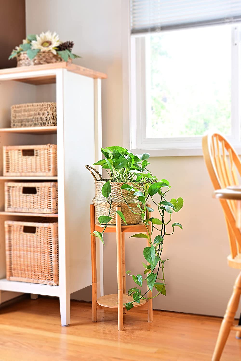 Tall Bamboo Wood Plant Stand for Indoor Flower Holder Set (24-Inch High) for Planter Pots and Vases Short-Tall 