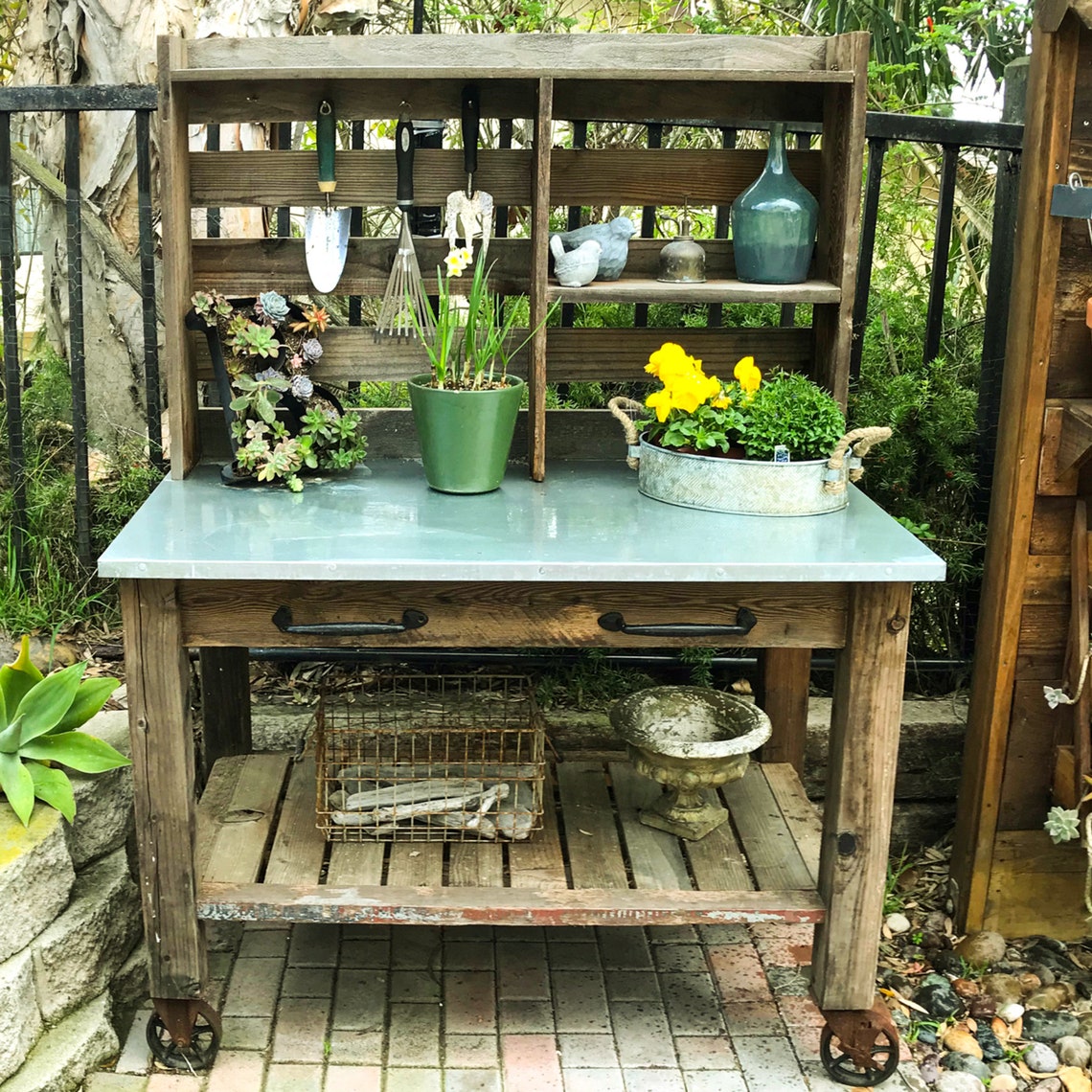 Potting Table Work Station Buffet Island Cart With Storage Outdoor Garden Furniture Hand-Made Redwood Zinc Top Cast Iron Swivel Wheels