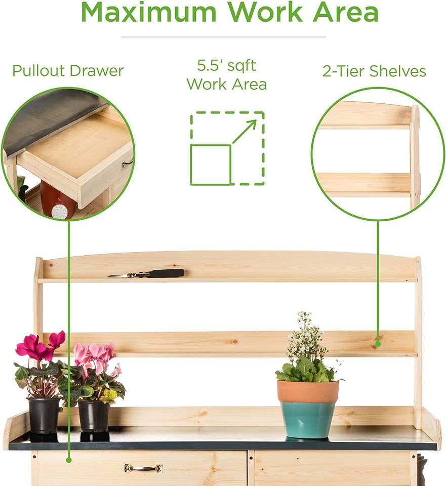 Outdoor Garden Wooden Potting Bench Work Station w/Metal Table Top, Cabinet, Sliding Drawer, and Large Bottom Shelf, Natural