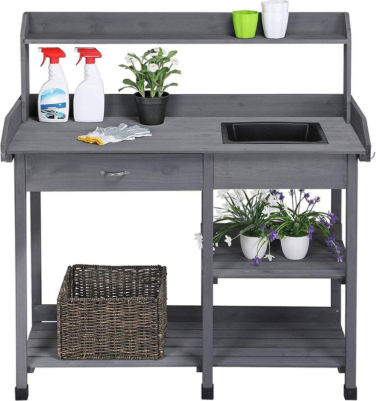 Potting Benches Tables Garden Potters Work Bench Station Planting Bench Solid Wood Outdoor Gray 45.2 x 17.7 x 47.6inch