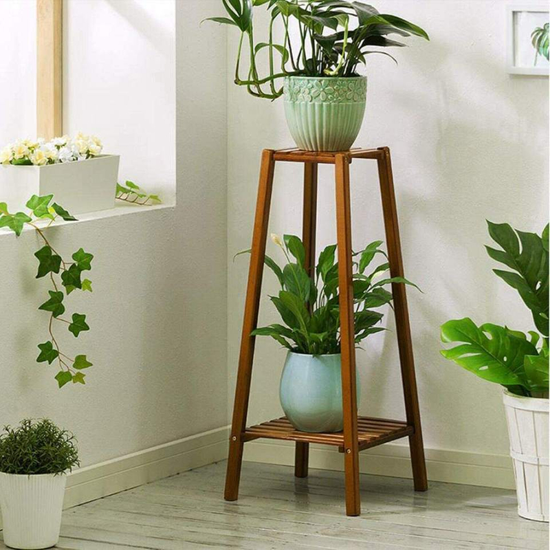 Bamboo Tall Plant Stand Pot Holder Small Space Flower Shelf Rack Display Table (2-Tier)