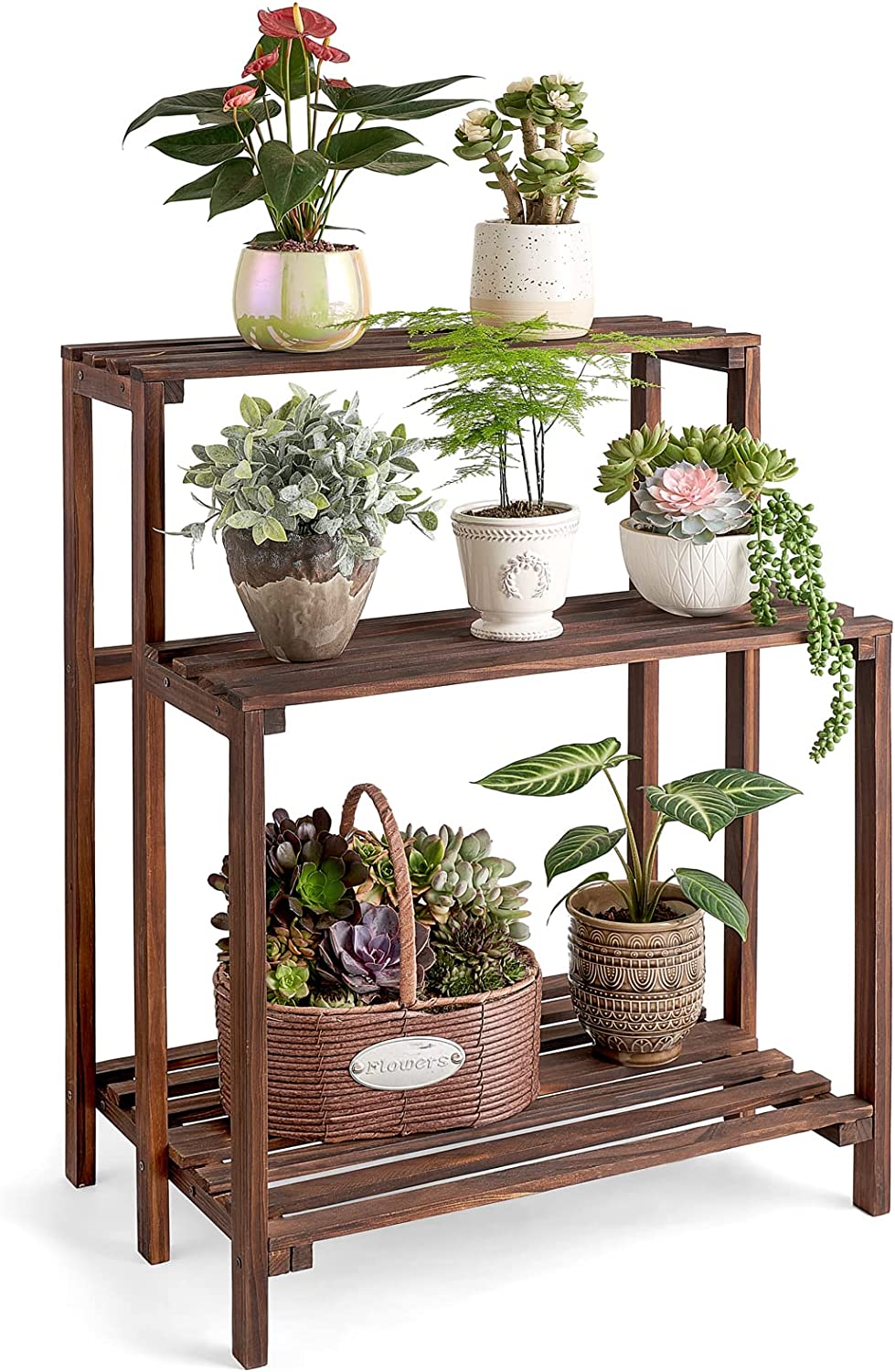 Wood Plant Stand 3 Tier Plant Shelf Indoor Outdoor Flower Pot Display Shelf Rack Garden Potting Bench Multiple Ladder Stand Planter Holder for Home Patio Lawn Living Room Corner Balcony
