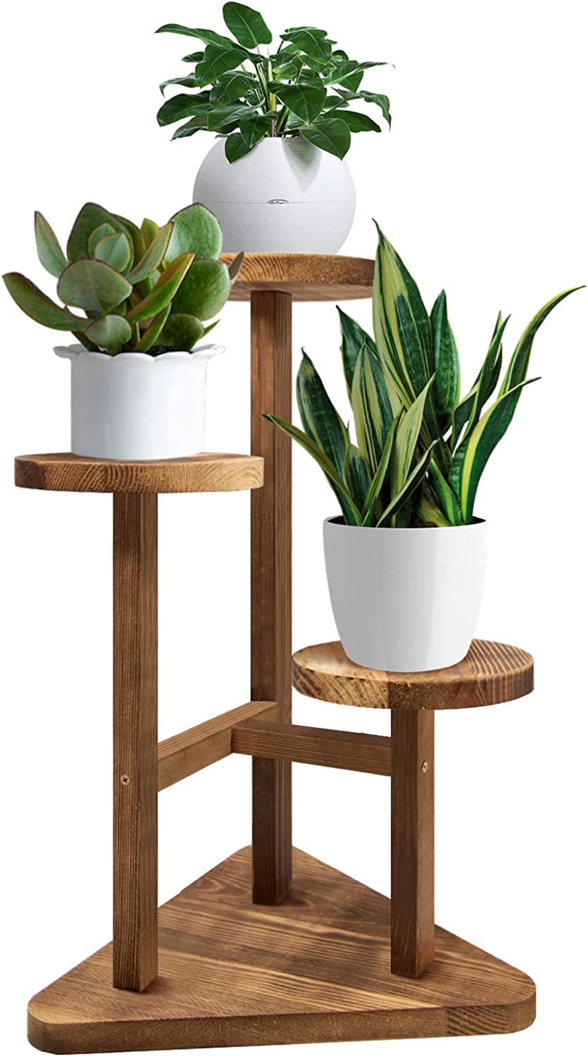 3 Tier Plant Stand, Tall Wood Plant Shelf Holder for Indoor Plants, Outdoor Garden Plant Display Rack Flower Pot Stand for Corner Living Room Balcony Garden Patio, Nature,V3( No Wheels）