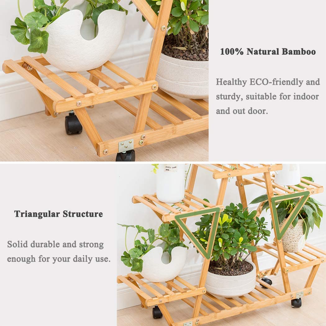 Bamboo Rolling 6 Tier Plant Stand Rack Multiple Flower Pot Holder Shelf Indoor Outdoor Planter Display Shelving