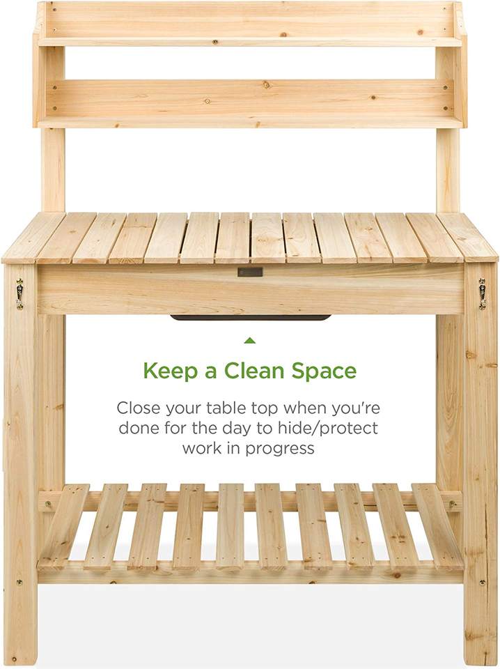 Outdoor Mobile Garden Potting Bench, Wood Workstation Table w/Sliding Tabletop, Food Grade Dry Sink, Storage Shelves - Natural