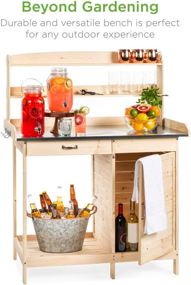 Outdoor Garden Wooden Potting Bench Work Station w/Metal Table Top, Cabinet, Sliding Drawer, and Large Bottom Shelf, Natural