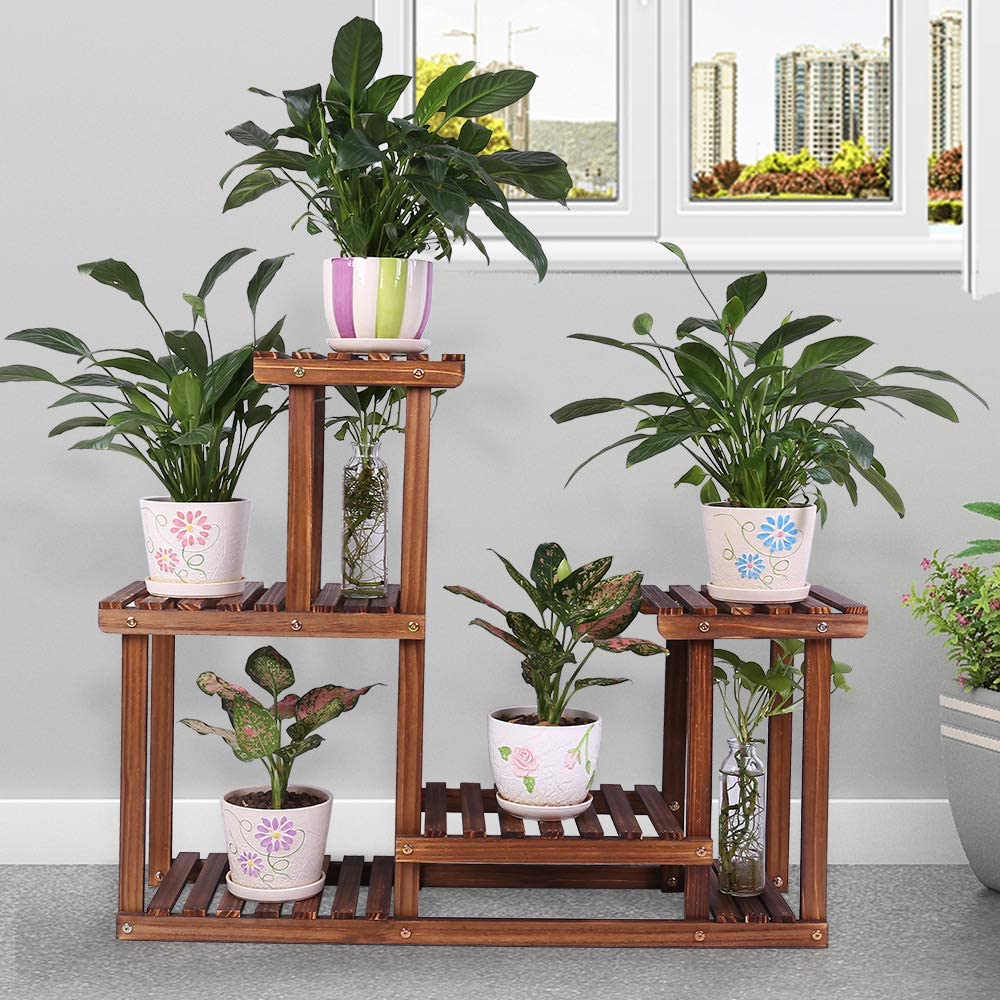 Pine Wood Plant Stand Indoor Outdoor Multi Layer Flower Shelf Rack Higher and Lower Plant Holder in Garden Living Rooms