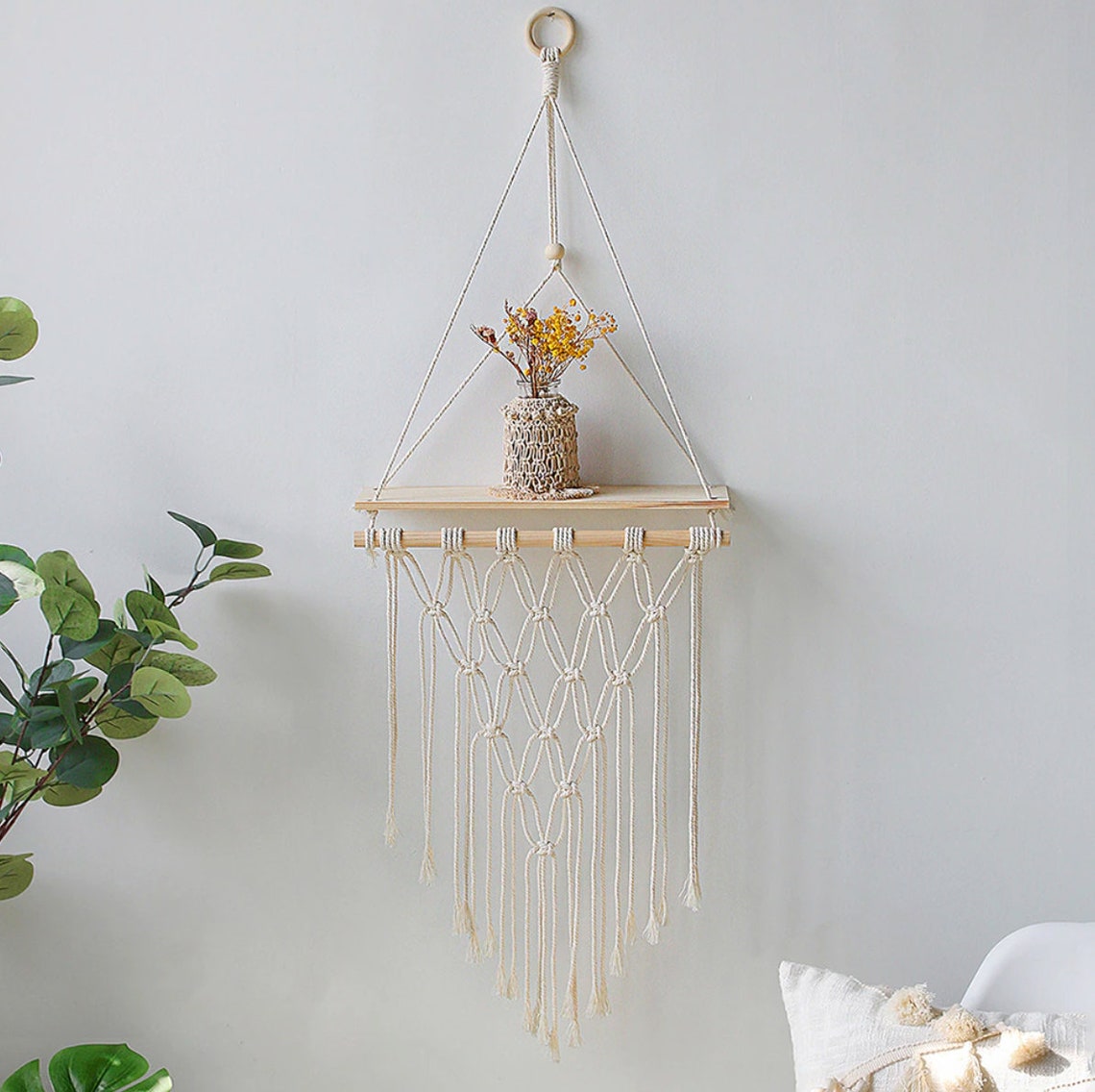 Boho macrame hanging shelf, Floating Boho Wall Shelf, Bathroom Shelf, Macrame Plant Shelf, Hanging Shelf Hang from Wall Boho Shelf