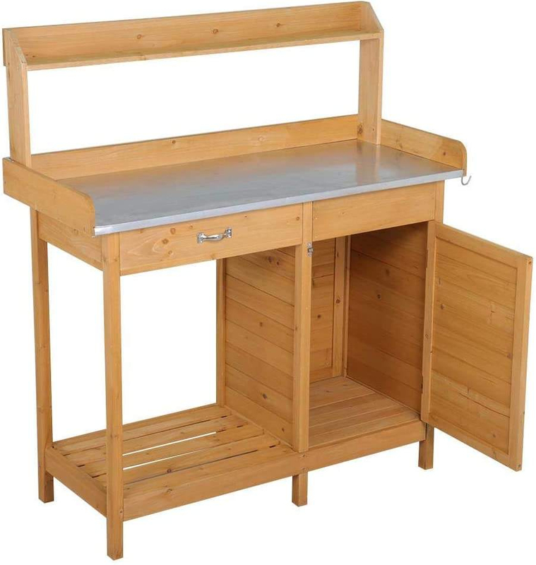 Outdoor Garden Potting Bench Table Work Bench Metal Tabletop W/Cabinet Drawer Open Shelf Natural Wood