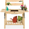 Outdoor Mobile Garden Potting Bench, Wood Workstation Table w/Sliding Tabletop, Food Grade Dry Sink, Storage Shelves - Natural