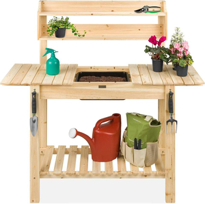 Outdoor Mobile Garden Potting Bench, Wood Workstation Table w/Sliding Tabletop, Food Grade Dry Sink, Storage Shelves - Natural