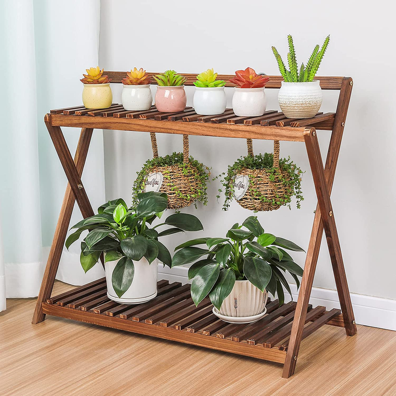 Indoor Plant Stand for Multiple Plants 2 Tier Wood Corner Plant Shelf Rack with Planter Hanger Outdoor Flower Pot Stand Holder for Yard Patio Garden Balcony Porch Living Room ( Rustic X-Cross)