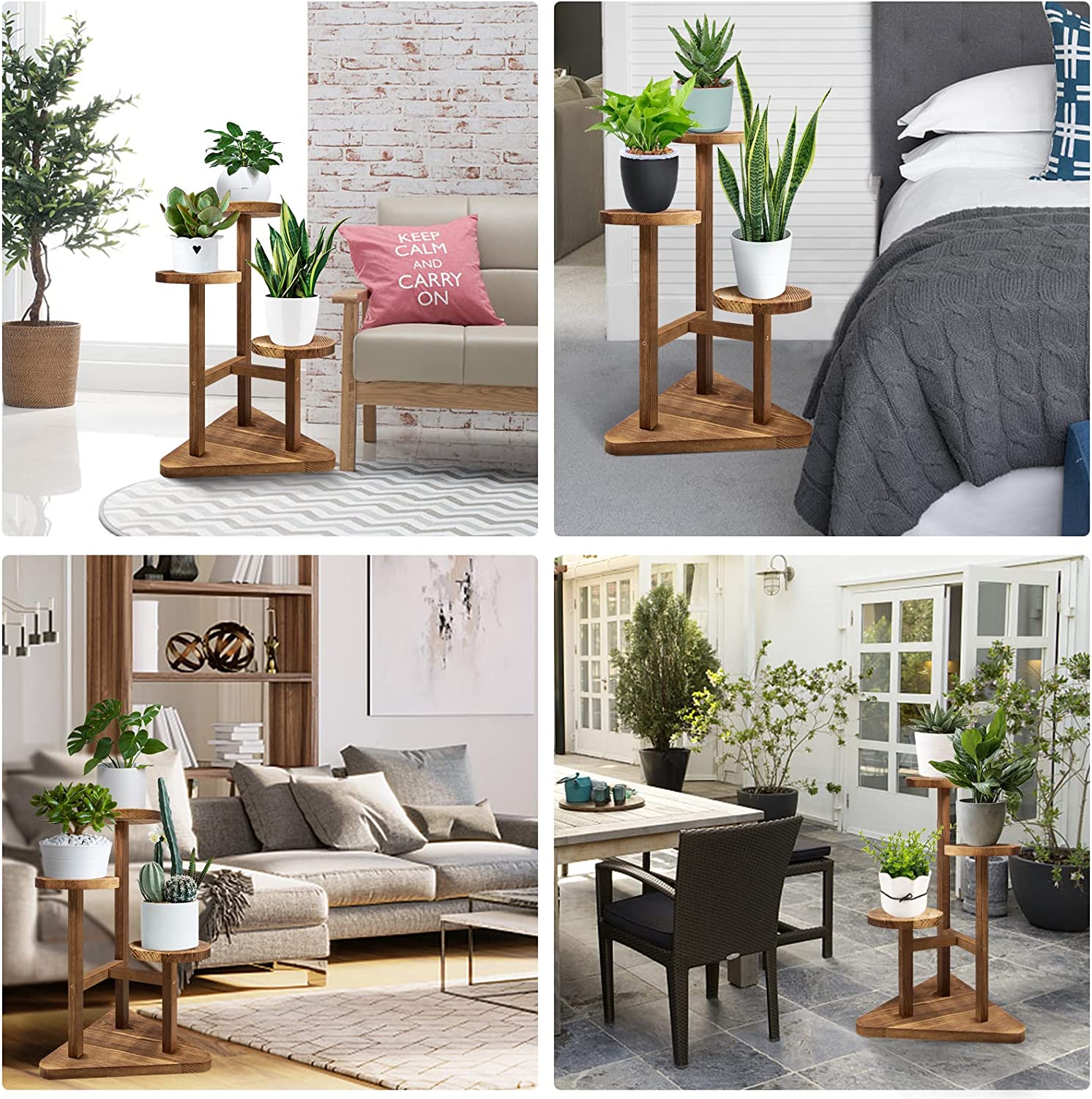 3 Tier Plant Stand, Tall Wood Plant Shelf Holder for Indoor Plants, Outdoor Garden Plant Display Rack Flower Pot Stand for Corner Living Room Balcony Garden Patio, Nature,V3( No Wheels）