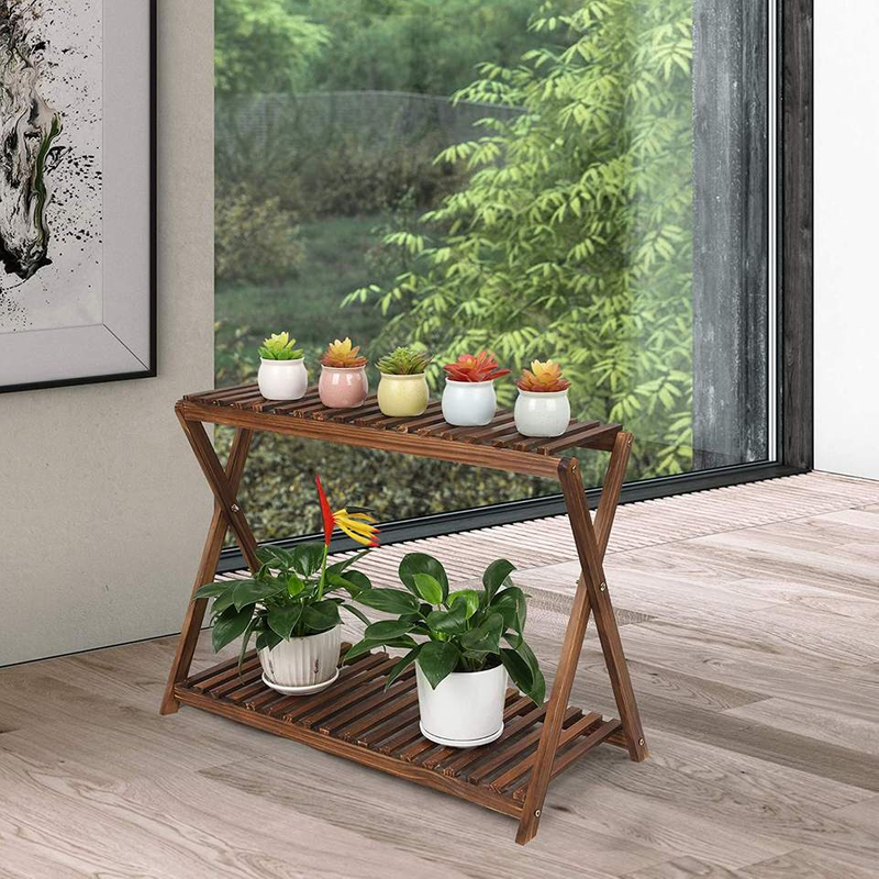 Wood Plant Stand Indoor Outdoor 2 Tiers Flower Stand Corner Stepped Planter Shelf Rack Flowerpot Holder for Plant Display in Pat