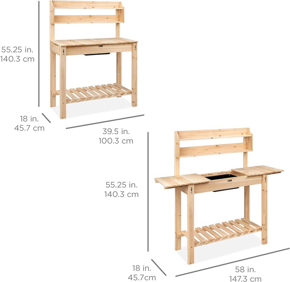 Outdoor Mobile Garden Potting Bench, Wood Workstation Table w/Sliding Tabletop, Food Grade Dry Sink, Storage Shelves - Natural