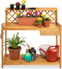 Outdoor Garden Potting Bench Wooden Workstation Table w/Cabinet Drawer Open Shelf, Lower Storage, Lattice Back